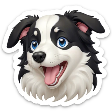 Cinematic Cute Yawning Border Collie Portrait Emoji, Head tilted slightly with a dramatic, wide-open yawn, showcasing a smooth black and white coat, floppy ears slightly drooping, round blue eyes barely open in drowsy contentment, Simplified yet irresistibly adorable features, highly detailed, glowing with a soft, cozy glow, high shine, relaxed yet alert, stylized with a touch of whimsy, bright and endearing, soft glowing outline, capturing the essence of a sleepy yet spirited herder, so drowsy it feels like it could stretch right out of the screen and curl up for a nap! sticker