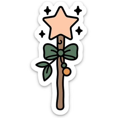 A cute and magical wand with an elegant, whimsical design, incorporating a color palette of golden orange (FA9B41), forest green (4A7C5C), soft taupe brown (96775A), and pastel peach (FFCC9A). The wand is slender and slightly curved, made of smooth wood with delicate carvings. At the top, there's a glowing gem or star in peachy tones, surrounded by tiny sparkles. Decorative elements like a ribbon, tiny leaves, or a small charm add a cozy, storybook-like charm. The overall look is gentle, enchanting, and magical, perfect for a forest fairy or a kindhearted young wizard. sticker