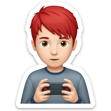 A boy with half gary hair and half red hair playing video game in is mobile  sticker