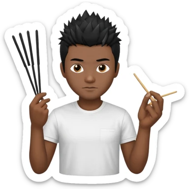 Make it a vietnamese male with spiky black hair holding only ONE pair of chopsticks in one hand, t-shirt sticker