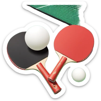 Two table tennis paddles and a ball placed on a ping pong table, with the net in the background. The scene conveys the simplicity and focus of the sport, with vibrant colors highlighting the rackets and ball on the smooth surface of the table. sticker