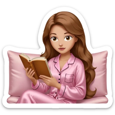 Woman with light tanned skin reading a book on Beige sofa. Long wavy brown hair. Beige ivory colour background. Light pink Silk pyjamas. Realistic person. Fox eye shape with long lashes. Pinky brown lips. sticker