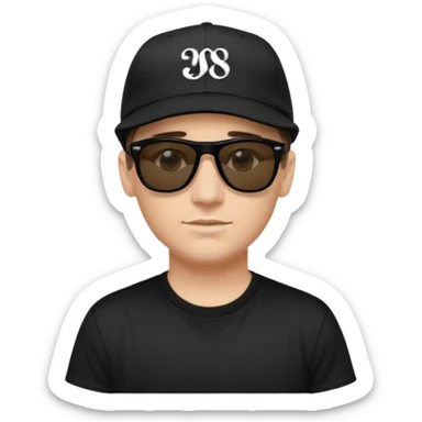 Emoji of a white man with short dark brown hair under a black baseball cap, wearing a black t‑shirt and 1980s‑style black Ray‑Ban rectangle sunglasses black lenses, with black musical notes floating around his head,  sticker