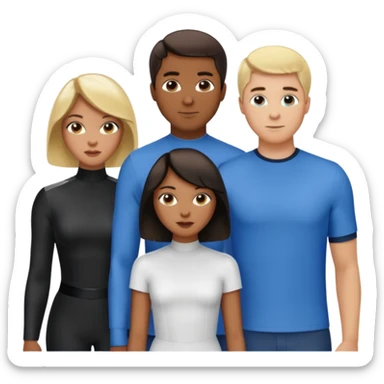 3 Friends standing side by side, charlie's angels style: 1 black woman with a short flat pressed bob, 1 hispanic man with a thin nose and long hair, and 1 white guy with blue eyes and a short brown-blonde haircut sticker