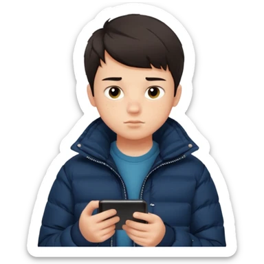 A teenage boy with short dark hair, fair skin, and some acne. He’s wearing a dark puffer jacket and looking at a phone or mirror with a neutral expression. Indoors with natural light. sticker