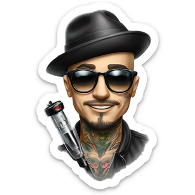 hat and glasses man tattoo artist with tattoo holding tattoo machine sticker