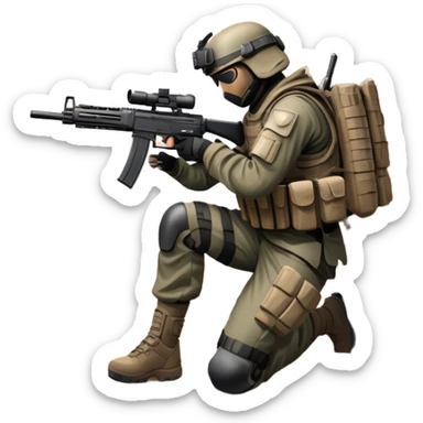 A skilled airsoft player in tactical gear, aiming a gun and shooting metal BBs in a desolate, ruined landscape. The setting is filled with broken walls and debris, creating a tense atmosphere of strategy and precision in a high-stakes tactical environment sticker