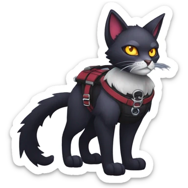 cool edgy fantasy dark-shadow-themed animal vampiric cat hybrid Fakemon  with a harness and collar full body sticker