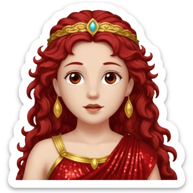Vesta, Goddess of Hearth from Roman Deities with long dark red wavy hair, red sequin toga  sticker