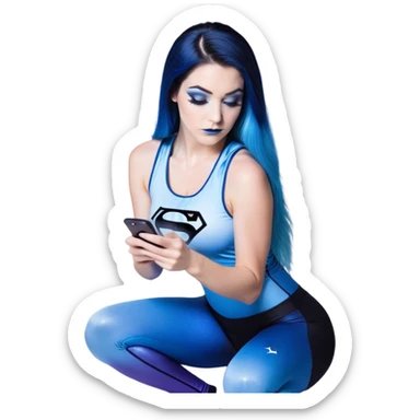 Shameful-head tilted-texting on phone-very very very large upper body-sexy face-bending forward at waist-very long very straight dark blue to light blue ombre hair-and-blue eyes-thick black eyeliner-thick long eyelashes-iridescent blue lowcut tanktop with black leggings with glitter superman logo sticker