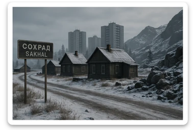 a view of the city street in a videogame: DayZ - in  Sakhal - snowy steppe tundra, rustic cabin houses, tall apartment blocks in the distance, mountainous and rocky terrain sticker