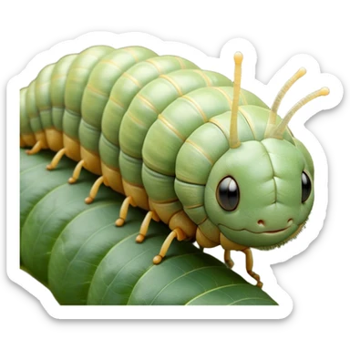 Beautiful and Majestic Caterpillar Portrait Emoji, Head and body rendered in serene repose with a gentle, content smile, showcasing a delicately segmented form with softly textured hues and eyes peacefully closed in tranquil slumber, Simplified yet exquisitely endearing features, highly detailed, glowing with a soft, drowsy natural light, high shine, relaxed and utterly noble, stylized with an air of graceful metamorphosis, soft glowing outline, capturing the essence of a beautiful and majestic caterpillar that embodies the quiet promise of transformation! sticker