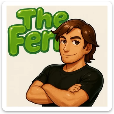 Make the brunette anime man look a little older (late 20s to early 30s) with more mature facial features, still leaning to the side with arms crossed, in front of green bubble letters that say 'The Fern'. He should have a black t-shirt, no jacket, medium-length brown hair, and an expressive anime face. Keep the rounded, glossy, energetic vibe as in the original style. sticker