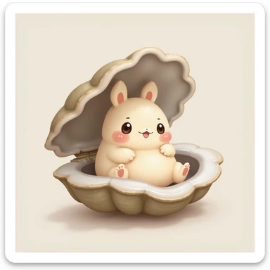 cute oyster with smiling expression, cream color, pink cheeks, doe eyes, greige shell, photorealistic style sticker