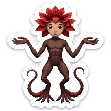 A flower like a monster with arms and legs, the body is a little bit black and the another bit brown like a demogorgon the head part red sticker