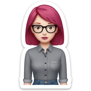 A girl with red hair, slightly past her shoulders, white skin, dark brown eyes, pink lips, and a skinny figure. She's wearing a gray blouse and oxford jeans, with black glasses. sticker