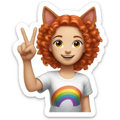 a white girl with long red curly hair in a pony tail with rainbow shirt does peace sign wearing cat ears one black other white sticker