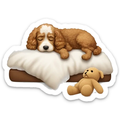 Cockapoo dog sleeping with a teddy sticker