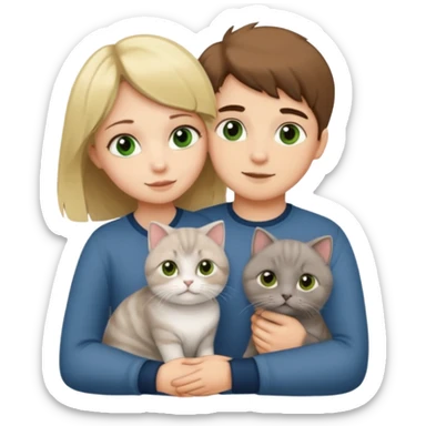 Blonde green eyed girl and brown Hair boy in love hugging a grey scottish fold cat sticker