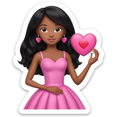 Black barbie, long black  hair, pink dress holding big heart that says heart me sticker