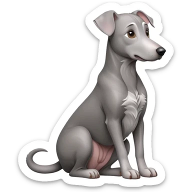 cinematic-[weimeraner-realistic-full-body-sitting-emoji,-tail-resting-loosely-beside-its-paws,-head-tilted-dramatically, -sleek-[grey]-fur,-simplified-yet-realistic-focused-features,-highly-detailed,-glowing-with-an-almost-sarcastic-glow sticker