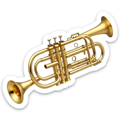 Create a sleek and professional emoji representing a Stomvi trumpet. The design should showcase the shiny, polished brass body of the trumpet with its distinct bell, valves, and tuning slides. Highlight the intricate keywork and the valve pistons, with detailed metallic accents and subtle reflections on the surface. The mouthpiece should be visible at the top of the instrument. Use golden and brass tones with light reflections to emphasize the smooth, high-quality finish. Add a few musical notes floating around the trumpet to evoke its bright and resonant sound. The background should be transparent. sticker