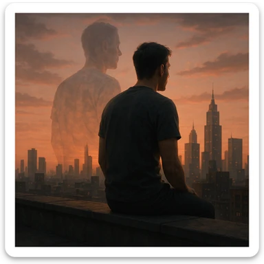 A man sitting on a rooftop at sunset, gazing at the city, with a ghostly double exposure of a different version of himself in the background, representing a 'what if' shaped by a life-changing diagnosis. Cinematic, emotional realism, symbolic duality, soft lighting, hyperrealistic 4K. sticker