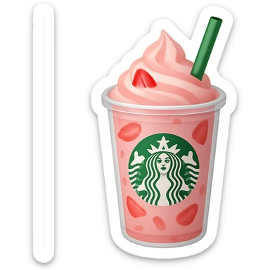 Show the strawberries inside the drink as thinly sliced pieces, keep the light pink Starbucks drink in a clear cup with green straw, in emoji style with no background. sticker