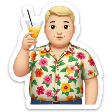 chubby guy full figure in a flowered shirt holding a cocktail sticker