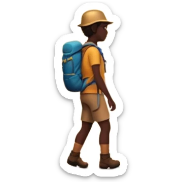 A 3D cartoon hiker silhouette standing on a rocky path at sunset, warm golden light, Memoji-style rendering. sticker