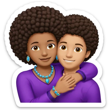 Tan male with short brown hair, smiling and hugging, black African girl with Afro in purple clothes with blue jewelry sticker