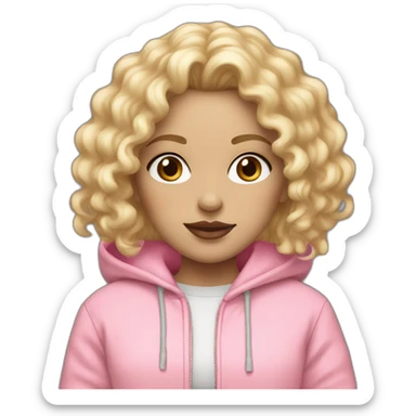 Girl with a White skin and curly blond hair and pastel pink hoodie and lipstick pink  sticker