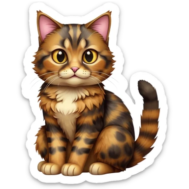 cinematic-[tortoiseshell tabby cat]-realistic-full-body-sitting-emoji,-tail-curled-playfully-around-its-paws,-head-tilted-dramatically,-scruffy-[dark tortoiseshell coloured]-fur,-simplified-yet-realistic-focused-features,-highly-detailed,-glowing-with-an-almost-sarcastic-glow sticker