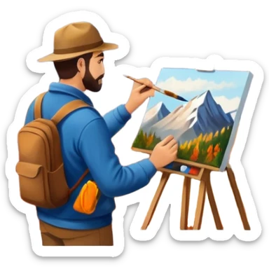 Artist painting a beautiful autumn mountain peak destination on canvas sticker