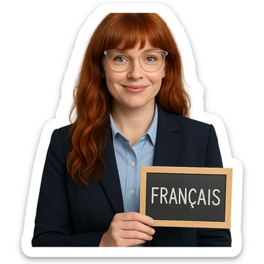 redhead woman with long wavy hair and bangs, wearing cat-eye clear-framed glasses, blue eyes, French teacher, professional and friendly sticker