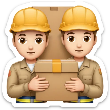 two workers in caps and uniforms holding a large box together sticker