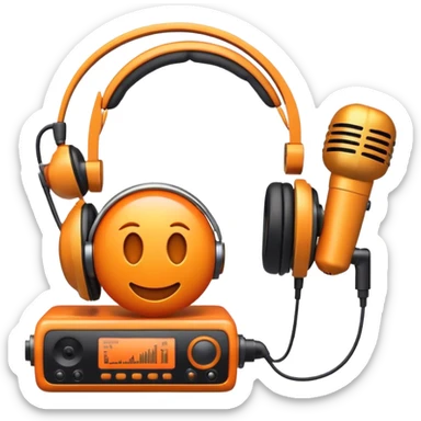 Create a dynamic and creative emoji that represents voiceover and dubbing. The design should feature a microphone, a pair of studio headphones, and sound waveforms to symbolize the recording and manipulation of voice. Add subtle details like a film reel or a speech bubble to represent the dubbing aspect. Use vibrant colors like orange, red, or purple to evoke energy and creativity in voiceover work. The background should be transparent. sticker