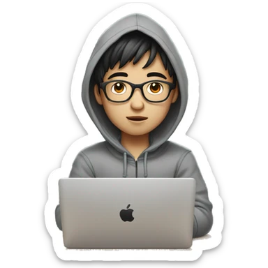 korean boy in grey hoodie with glasses with MacBook-laptop sticker