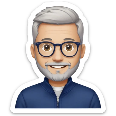 Man with light skin, high fade haircut (extremely short gradient from sides to top), short peppered gray beard, large black-framed glasses, smiling face, navy blue zip-front sweatshirt with long sleeves sticker