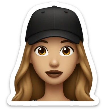 A beautiful woman wearing a black cap and black sweatshirt, big lips, brown straight long hair.  sticker