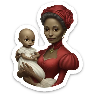 Reptilian alien woman , full body, in victorian red elegant dress , holds a newborn white humman baby sticker