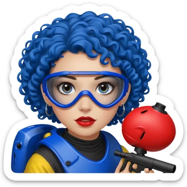 blue curly girl with huge earrings playing paintball with red paintball helmet with eye protection, only face  sticker