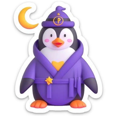 penguin wizard with a purple robe and crescent moon hat sticker