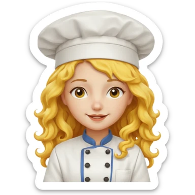 girl, yellow Long curly hair, happy, wearing chef uniform and chef hat sticker