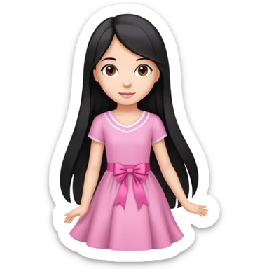 Beautiful girl with very long straight flowing black hair with small waves only at the ends, brown eyes, light skin, slight smile, pink ribbon in hair, and pink dress sticker