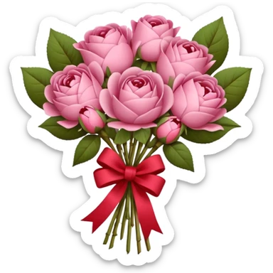 Bouquet of pink flower like rose and peony wrapped in kraft paper with red bow sticker