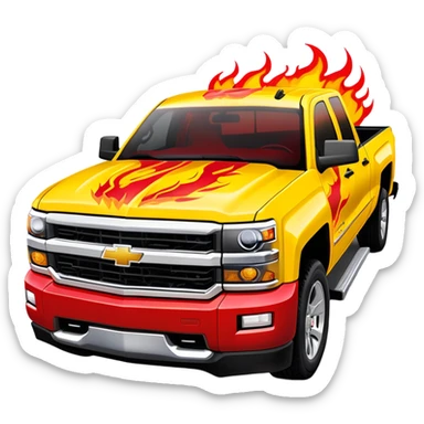 Yellow Chevrolet Silverado with elaborate airbrushed red flame pattern on hood and front quarter panels, screen-accurate Kill Bill truck artwork, 30-degree angle, iOS emoji style sticker