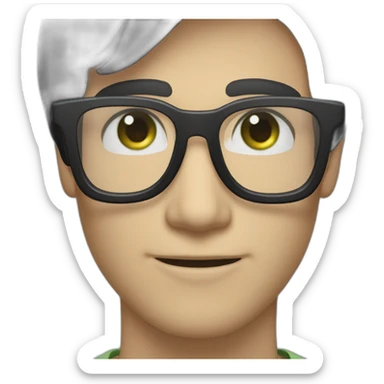 White man with clear glasses frames,swoopy black straight hair, blue-green eyes, smiling sticker