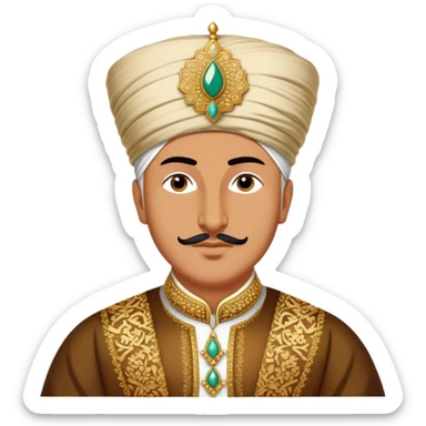 Suleiman the Magnificent – Cinematic Realistic Portrait of Suleiman the Magnificent, depicted as a regal Ottoman sultan in luxurious traditional attire with intricate patterns and a golden turban, his commanding gaze illuminated by warm, historic lighting, exuding majestic authority and timeless grandeur. sticker