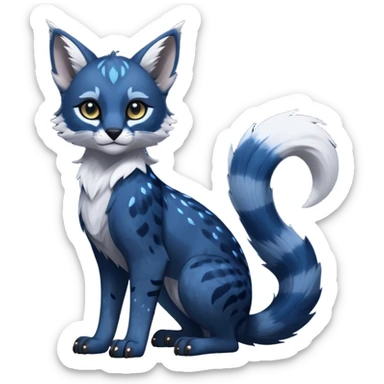 Cute kawaii cool edgy badass  glossy midnight-blue fur with silver starlight dusting fantasy-caracal-civet-genet-sergal-vernid-Gryphon-Cacomistle-Trico-oncilla-animal-Fakémon-hybrid-fursona (full body), facial markings, (realism style) sticker